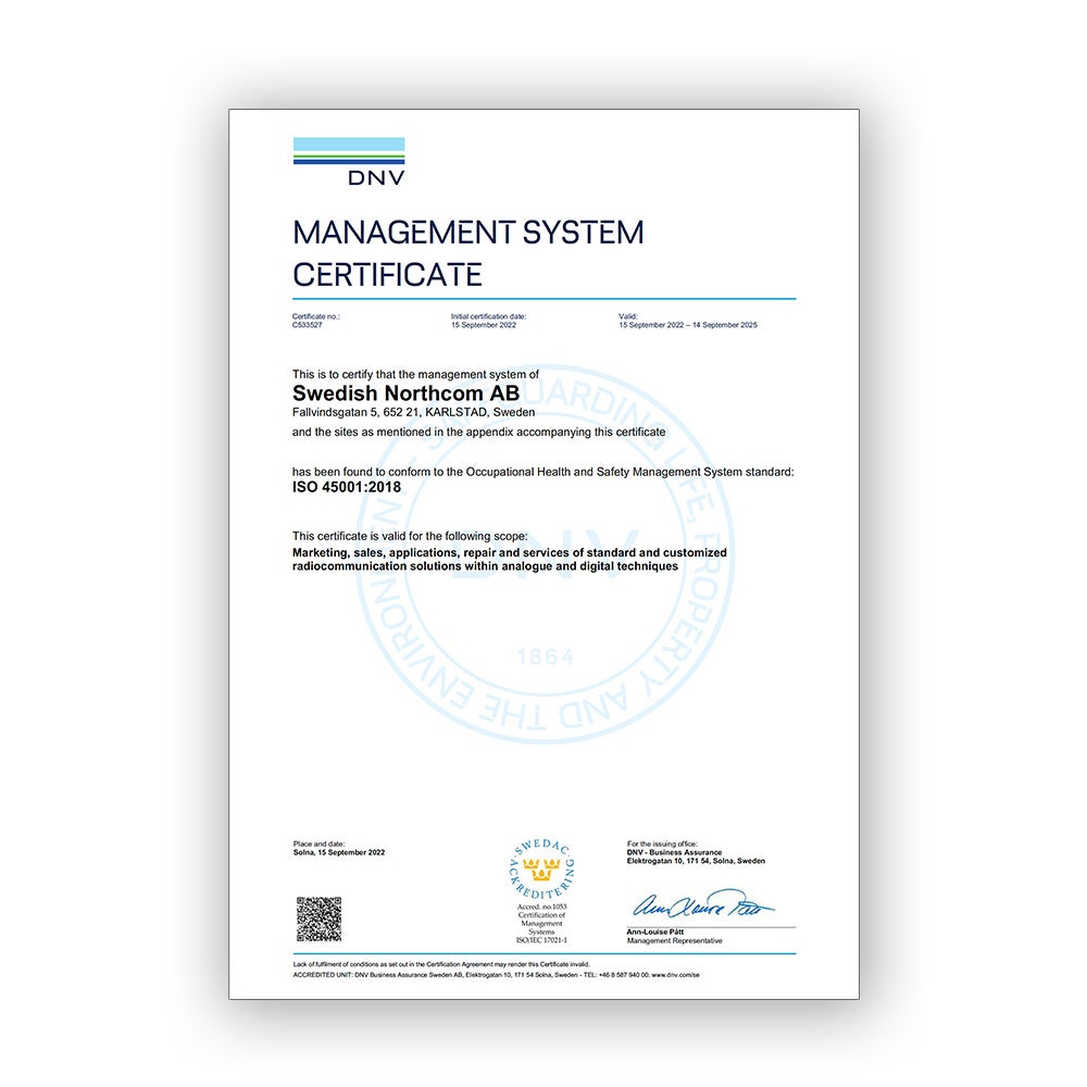 ISO45001 certificate Swedish Northcom AB